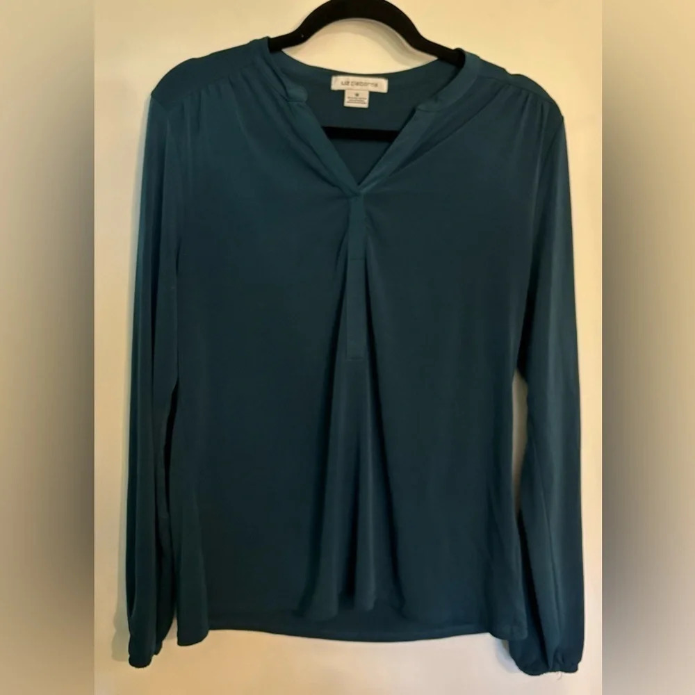 Liz Claiborne Womens Long Sleeve Elastic Cuffs V-Neck Polyester Blend Blouse Med